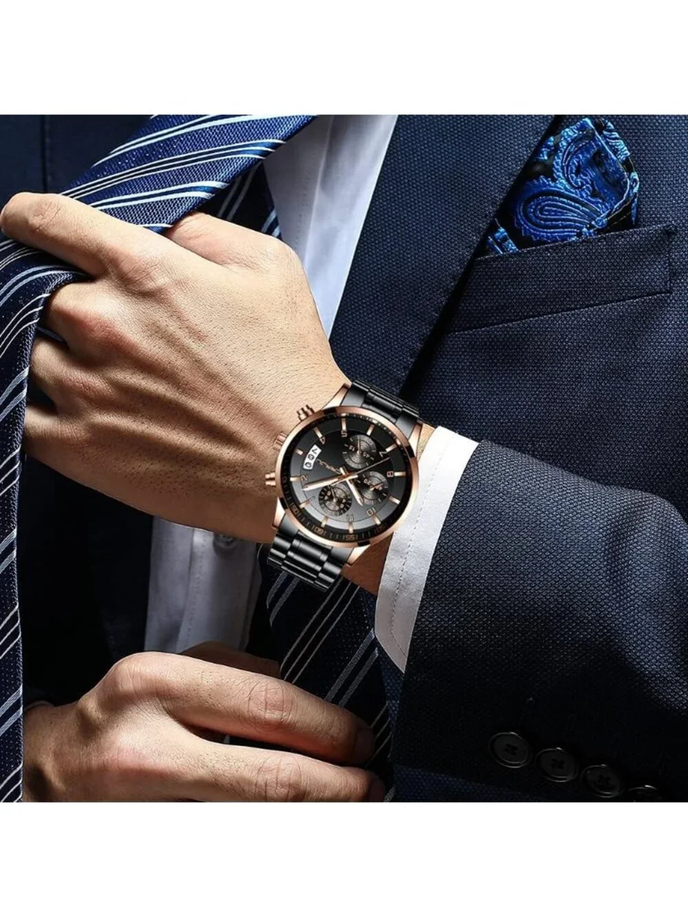Men's Black Rose Gold Analog Stainless Steel Waterproof Chronograph Wrist Watch